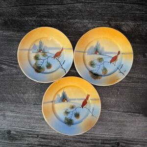 Set of 3 Antique Japanese Lusterware Plates – Red Bird – Hand Painted Japan
